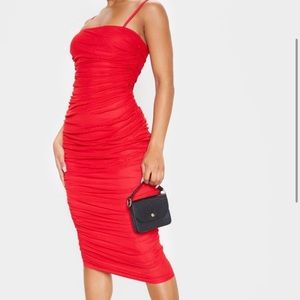 Red Strappy Rushed Midi Dress Pretty Little Thing